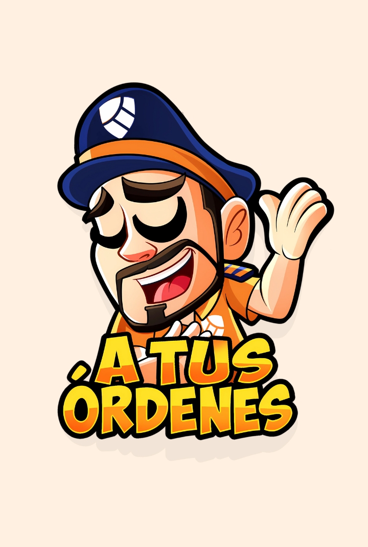 A cartoon character wearing an orange uniform and blue cap with a logo, smiling and gesturing with the phrase "A TUS ÓRDENES" in bold yellow text.